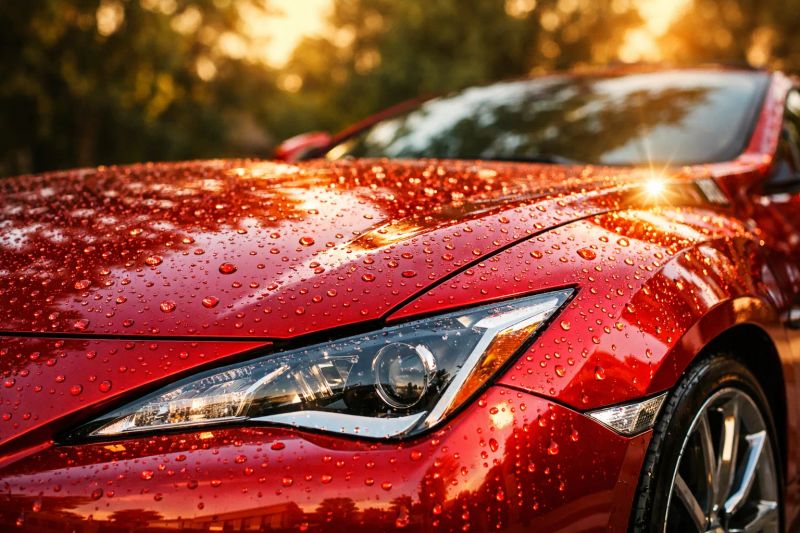 Clean shiny car exterior reflecting sunlight after detailing