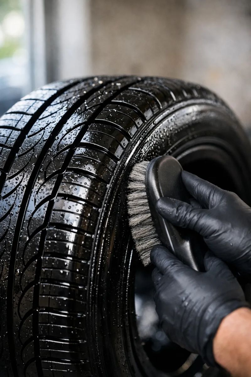 Car detailer carefully cleaning a vehicle interior