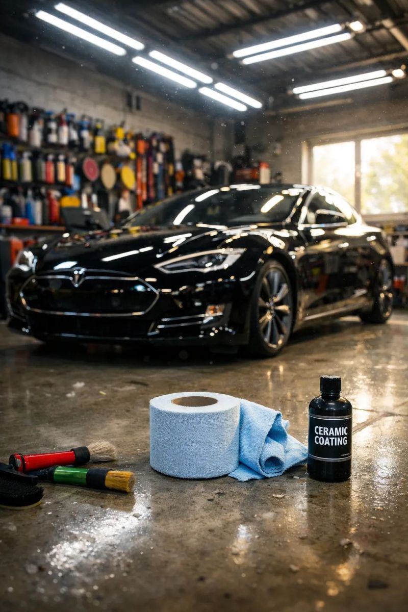Blue vehicle hood with glossy ceramic coating