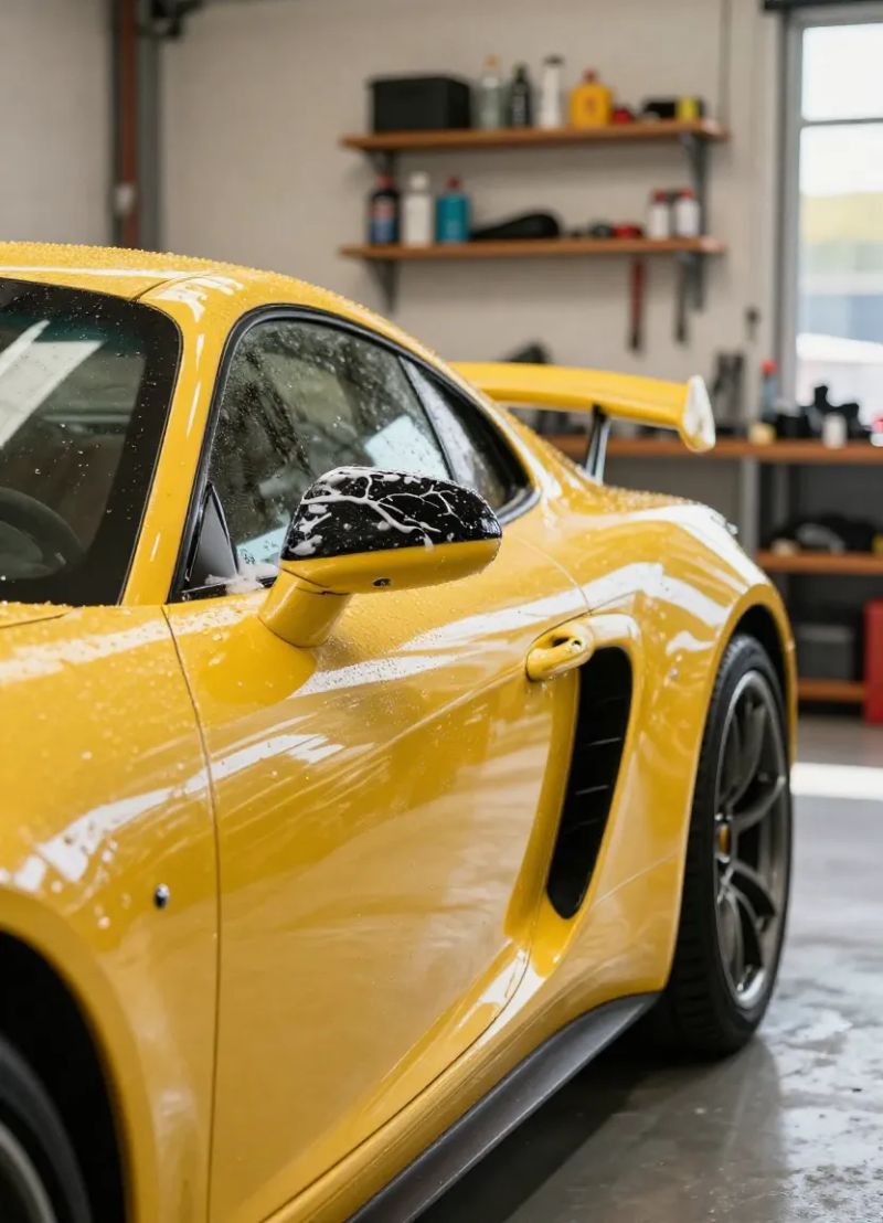 Detailer using a polishing machine on black vehicle paint